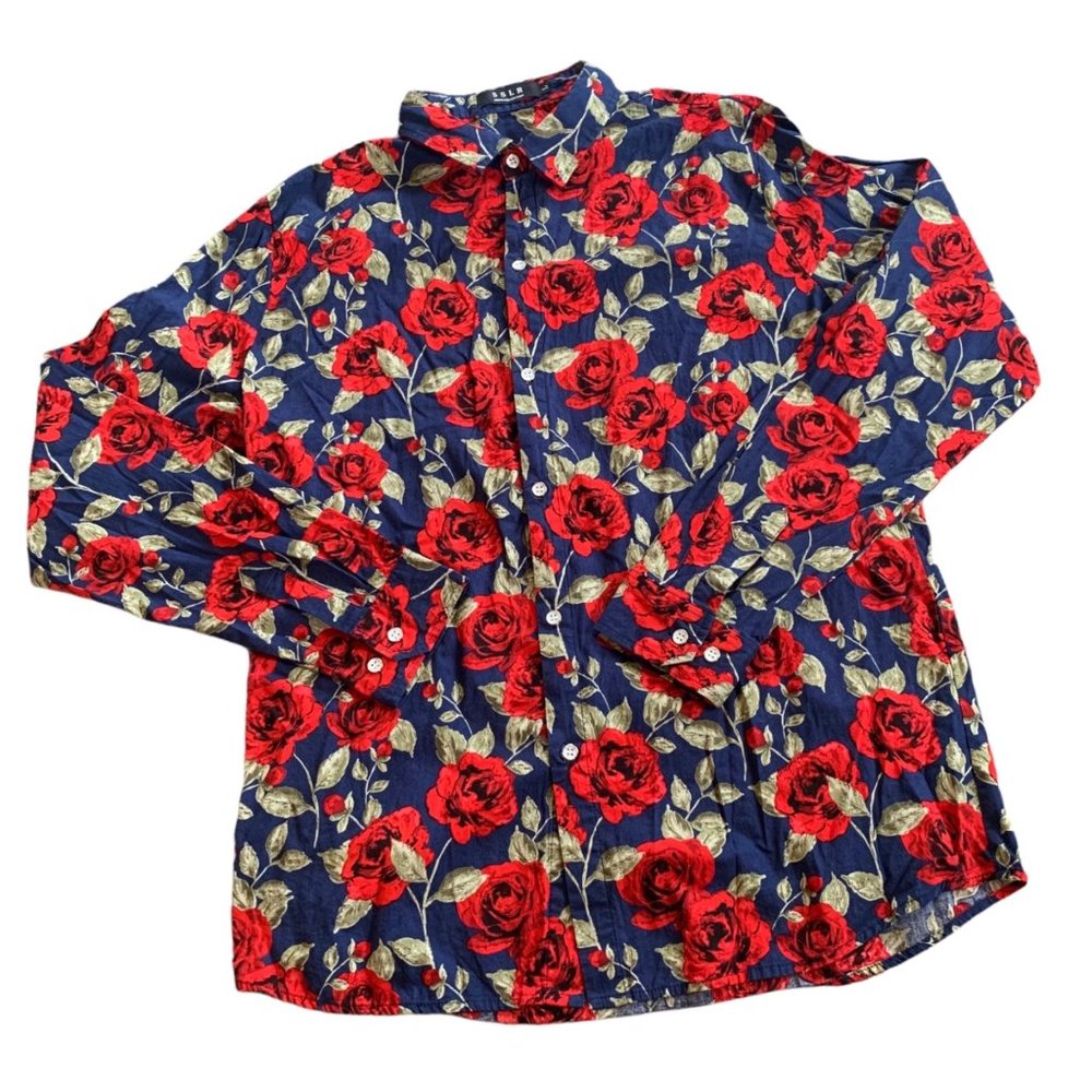 SSLR Men's Rose Print Button Up Shirt L